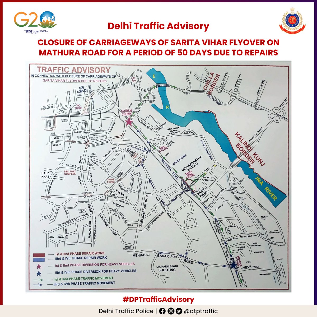 Traffic Advisory
Due to repair work by PWD on Sarita Vihar Flyover on Mathura Road starting on 07.06.2023, there will be a closure of carriageways for a period of 50 days. Kindly follow the advisory to avoid any inconvenience. 
#DPTrafficAdvisory