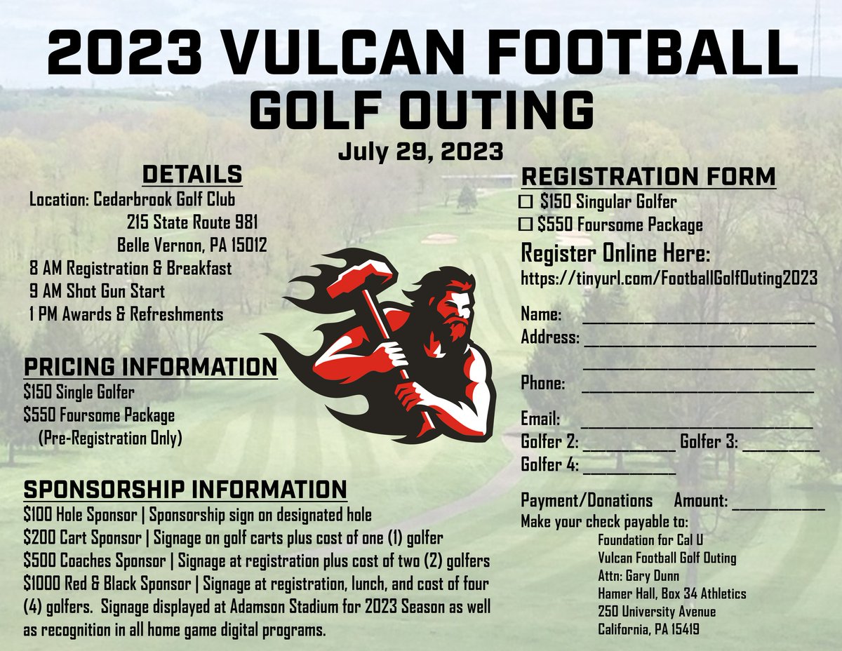 🔥 2023 Vulcan Football Golf Outing 🔥 📅: Saturday, July 29, 2023 ⏰: 8am ⛳: Cedarbrook Golf Course 📍: Belle Vernon, PA 🔗: caliunivofpenn.imodules.com/s/1854/interio… #VulcanFootball 🔥🏈