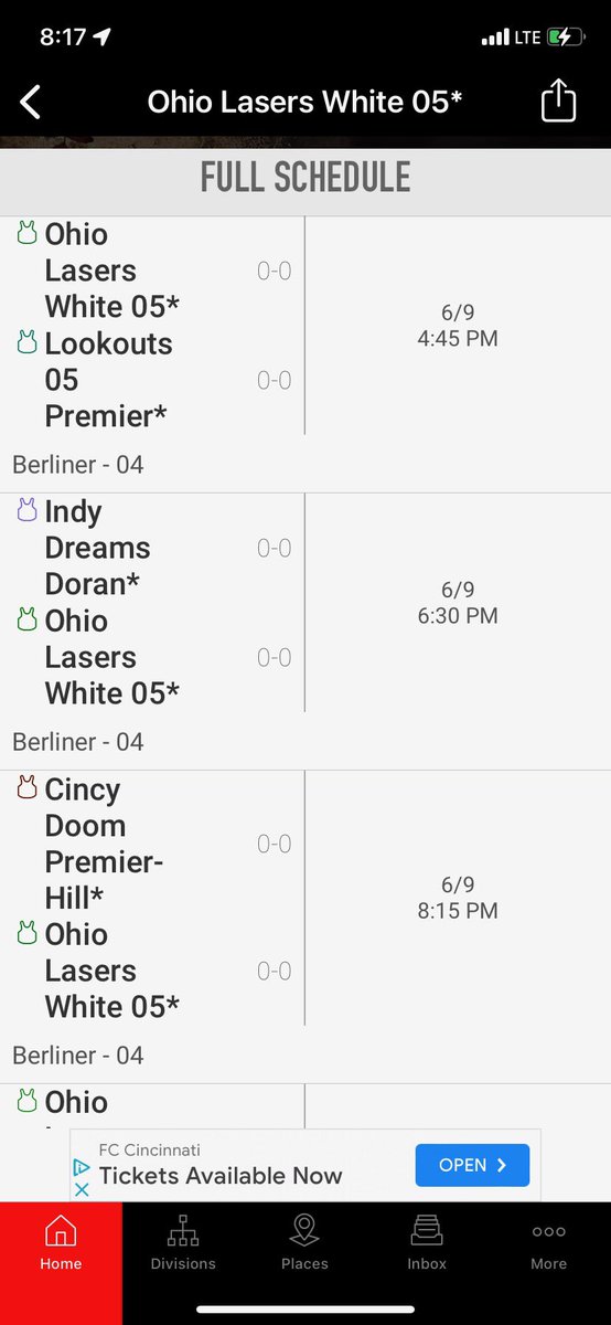 Come out and enjoy the evening with the Lasers White! Here is our Schedule for Friday at the Lasers Nation Tournament at Berliner in Columbus,OH