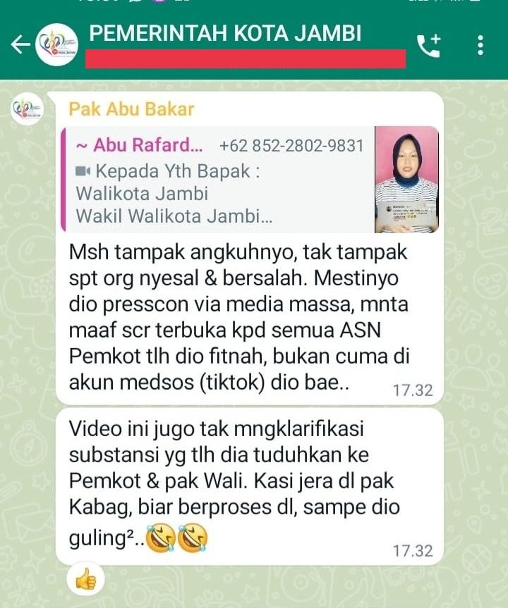 Pak Abu Bakar sebaiknya jangan jadi provokator di lingkungan Pemkot Jambi deh. Jangan sampai dirimu yg terguling2 sendiri dikuliti netizen..