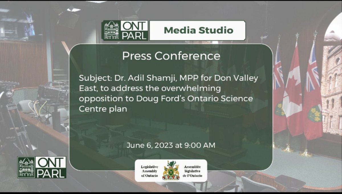 .@ShamjiAdil has a press conference coming up at 9am to address the overwhelming opposition to Doug Ford’s Ontario Science Centre plans. Tune in at ola.org/en/legislative… #topoli #onpoli #SaveTheScienceCentre