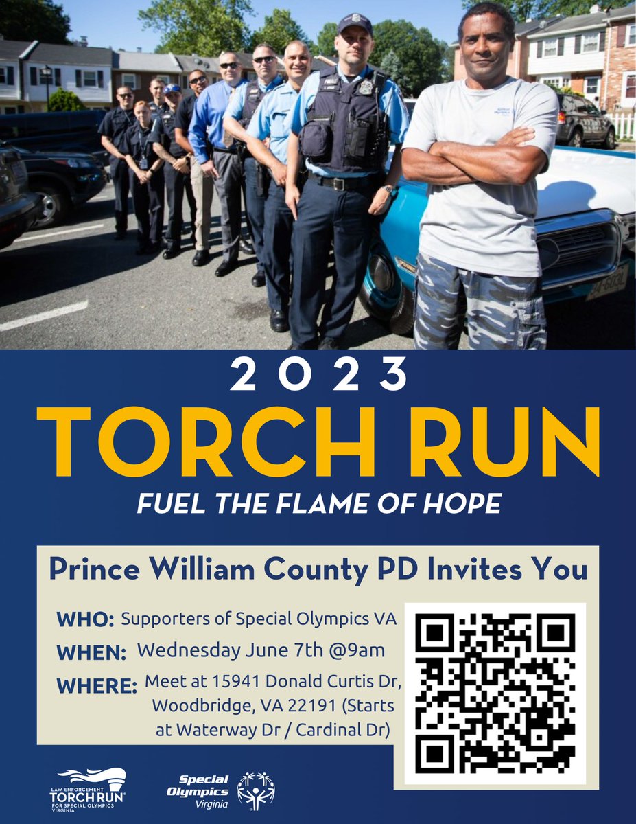 The annual #TorchRun for #SpecialOlympics is TOMORROW & #PWCPD is looking forward to joining the athletes, public & fellow law enforcement for the Run.
Runners & supporters will gather at the rear of the Gar-Field Eastern District Station at 9 a.m.
Join us for this great cause!
