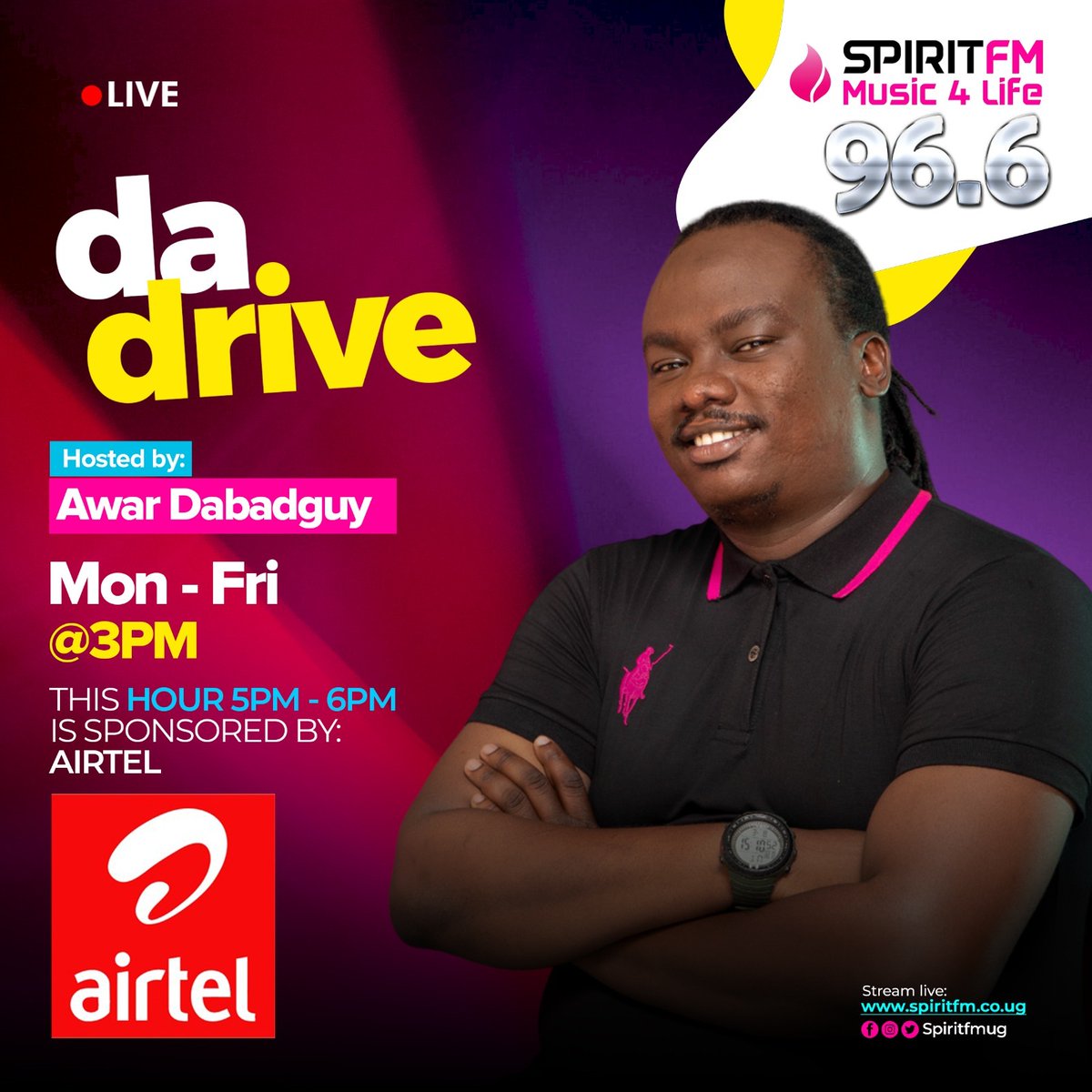 #DaDrive on @Spiritfm966 with yours truly.

Giving you an amazing music and conversation experience as you finish your day's assignment.

TUNE IN & BLISS OUT! 

96.6 Fm - 📻
spiritfm.co.ug - 🌐
+256-705-966-966 - ☎️
+256-789-006-966 - ☎️

#Music4Life | #SpiritFm