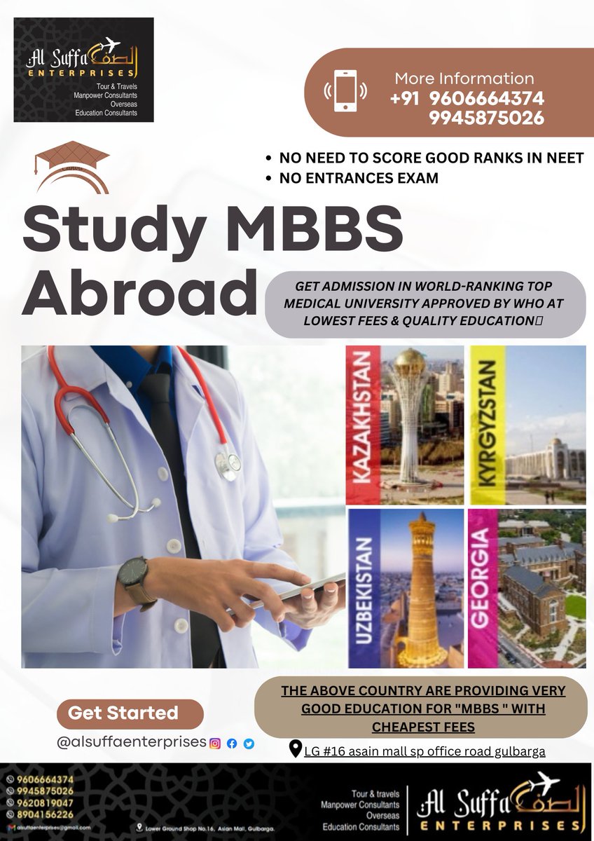 Study 'MBBS' In abroad with a lowest fees 
Excellent opportunity for MBBS student👩‍🎓

#studiesinabroad #study #student #studying #mbbs #mbbsabroad #mbbsstudent #mbbsadmission #studyconsultant #studyconsulting #studymbbskazakhstan #mbbskazakhstan #mbbsgorgia #mbbsuzbekistan