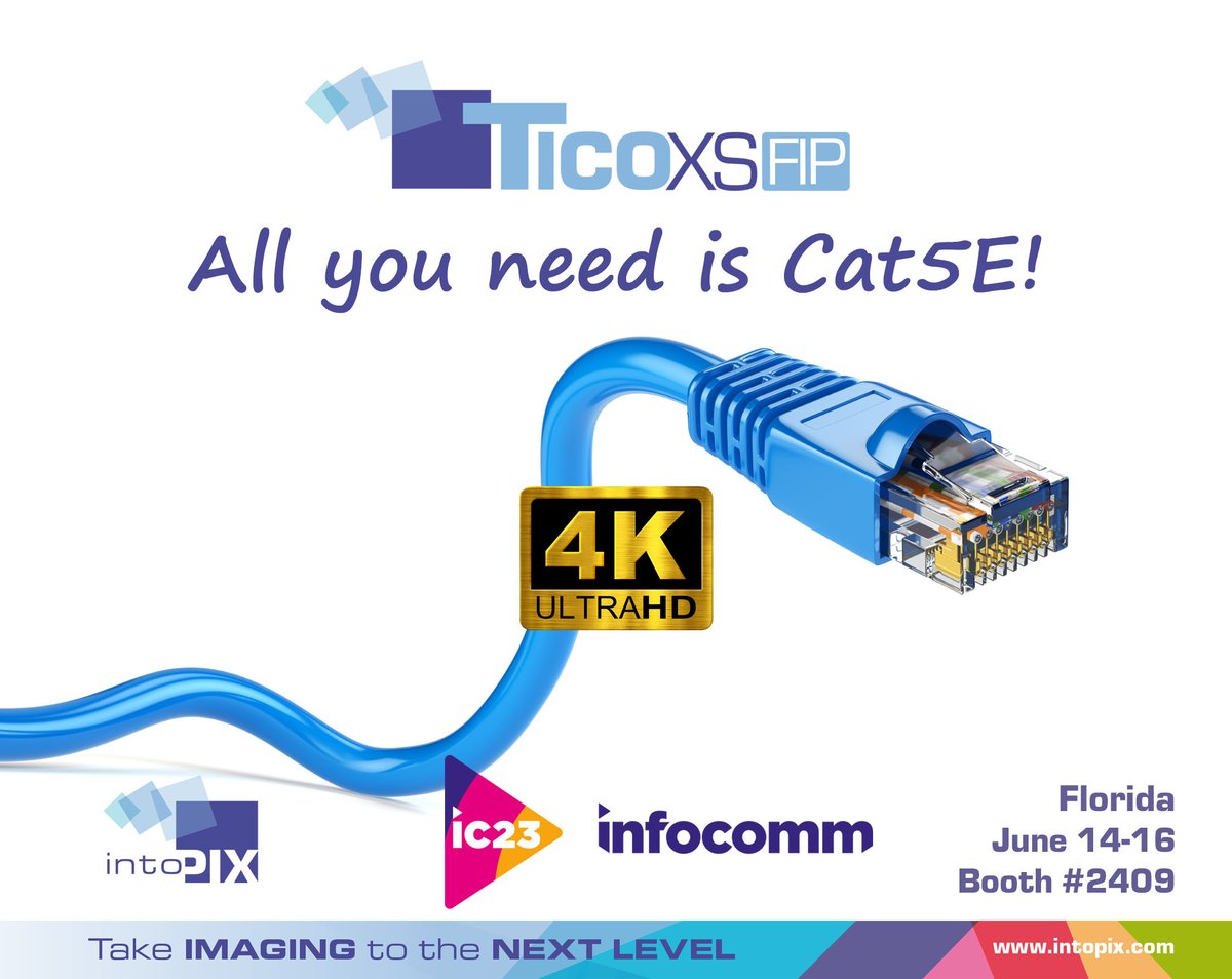 Experience visual excellence at @InfoComm! Visit our booth & witness the power of our new TicoXS FIP, elevating your ProAV experiences. Unleash the potential of your network & #Cat5E cables with our cutting-edge technology for complex #4K 60P4:4:4 AV video zurl.co/DGcc