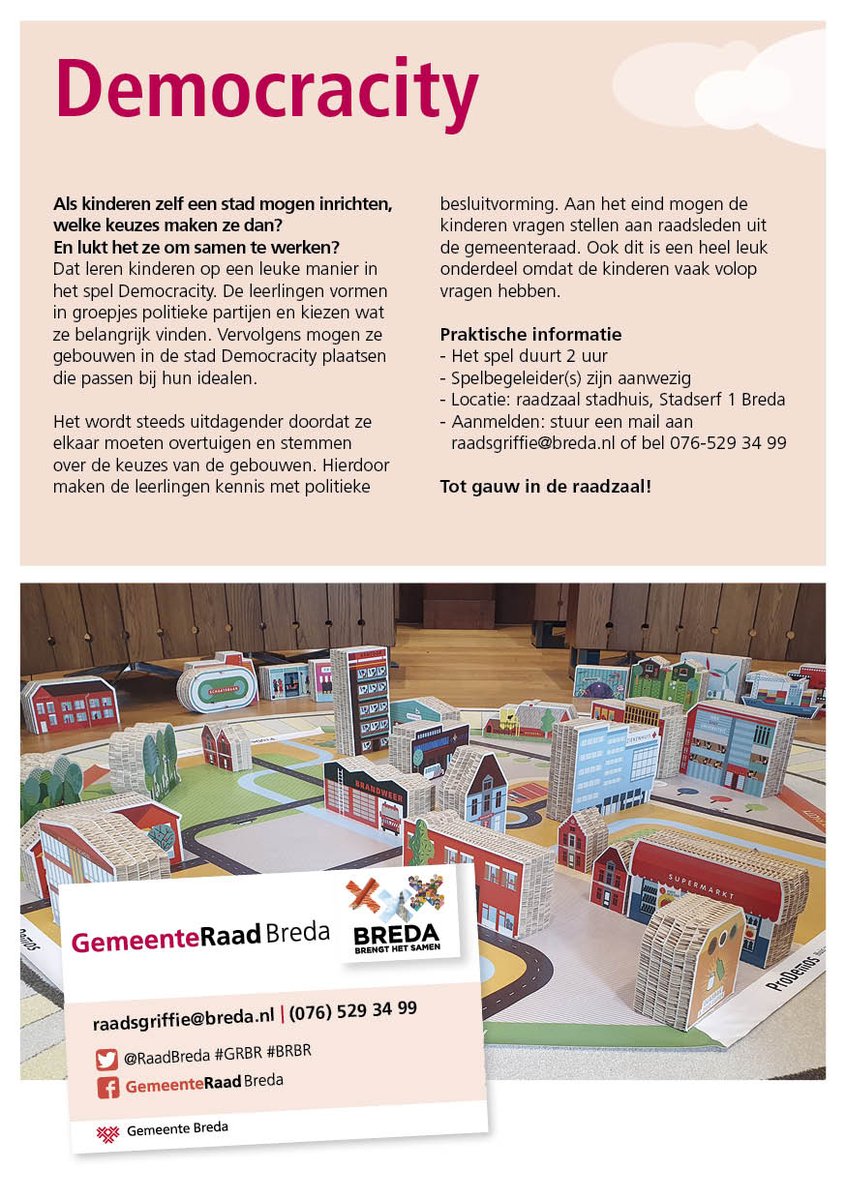 Scholen in de gemeente Breda die het rooster samenstellen voor volgend schooljaar: denk aan het spel Democracity voor basisschoolgroepen 7 en 8. Het leukste spel over de lokale democratie! Alle info in de flyer in de afbeeldingen. #democracity