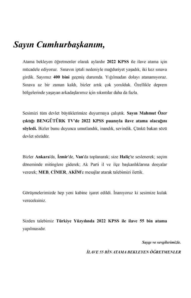 OgretmnEtkinlik's tweet photo. Sayın Cumhurbaşkanımız @RTErdogan 
2022 Kpss puanlarımızla ilave 55 Bin atama bekleyen öğretmenler olarak ivedilikle sizden gelecek müjdeyi bekliyoruz. Yeni Türkiye Yüzyılında geleceği aydınlatmak için Eylül ayında okullarımızda olmak istiyoruz. 
@RTEdijital
@dijital
@iletisim
@_cevdetyilmaz
@Yusuf__Tekin
@tcmeb
@CBegitimogretim
@memetsimsek

#KabinedenDevletSözüEk55Bin