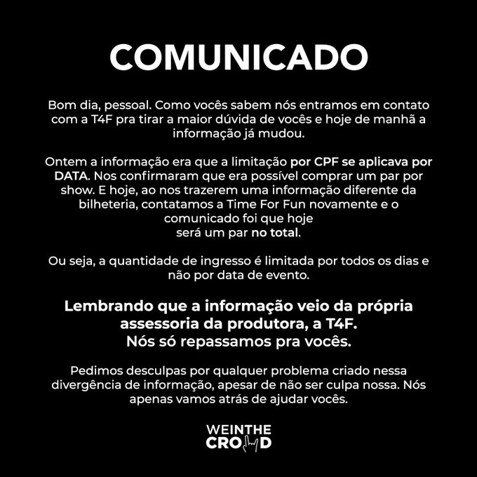 updateswiftbr's tweet photo. ATENÇÃO, SWIFTIES: as vendas dos ingressos da "The Eras Tour" no Brasil ocorrerão por CPF e não por DATA.

• Lover Fest: 2 ingressos por CPF.
• C6 Bank: 4 ingressos por CPF.
• Vendas gerais: 4 ingressos por CPF. https://t.co/Qw2xYm4Ik7