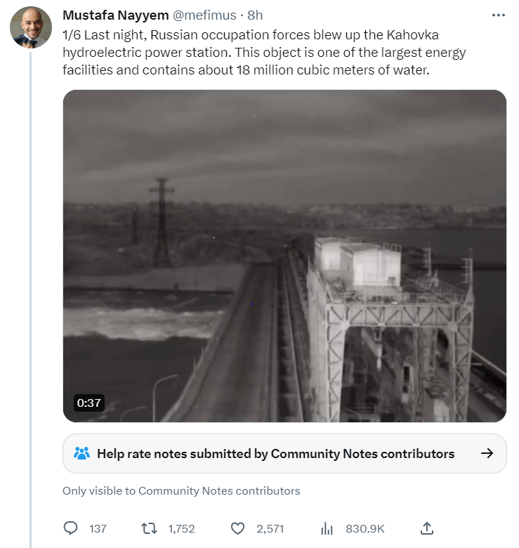 Shayan86's tweet photo. This video, shared here by a Ukrainian official, has been falsely linked to the recent damage to the dam in Nova Kakhovka, Ukraine, and subsequent flooding.

It shows the Russian forces blowing up a bridge over the dam as they retreated from Kherson in November 2022. https://t.co/mnJwRGzAYb
