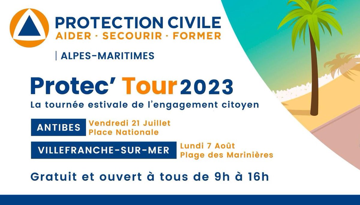 #ProtecTour la tournée estivale de l’engagement citoyen est de retour à #Antibes et #VillefranchesurMer 😎 Venez nombreux découvrir les gestes qui sauvent et rencontrer les bénévoles @ProtecCivilefr pour en savoir plus sur nos missions et vous engagez à nos côtés !
