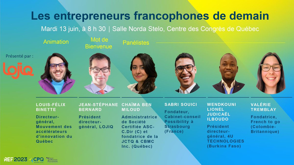 LOJIQ SUR LA SCÈNE | J-7 pour le panel des 𝙀𝙣𝙩𝙧𝙚𝙥𝙧𝙚𝙣𝙚𝙪𝙧𝙨 𝙛𝙧𝙖𝙣𝙘𝙤𝙥𝙝𝙤𝙣𝙚𝙨 𝙙𝙚 𝙙𝙚𝙢𝙖𝙞𝙣 avec les experts et collaborateurs de LOJIQ dans le cadre de #LaREFranco, avec le mot de bienvenue du pdg de LOJIQ, <a href="/JSBernardQc/">JeanStéphane Bernard</a>.

📆13/06/23 (8h30)
📍@quebeccongres