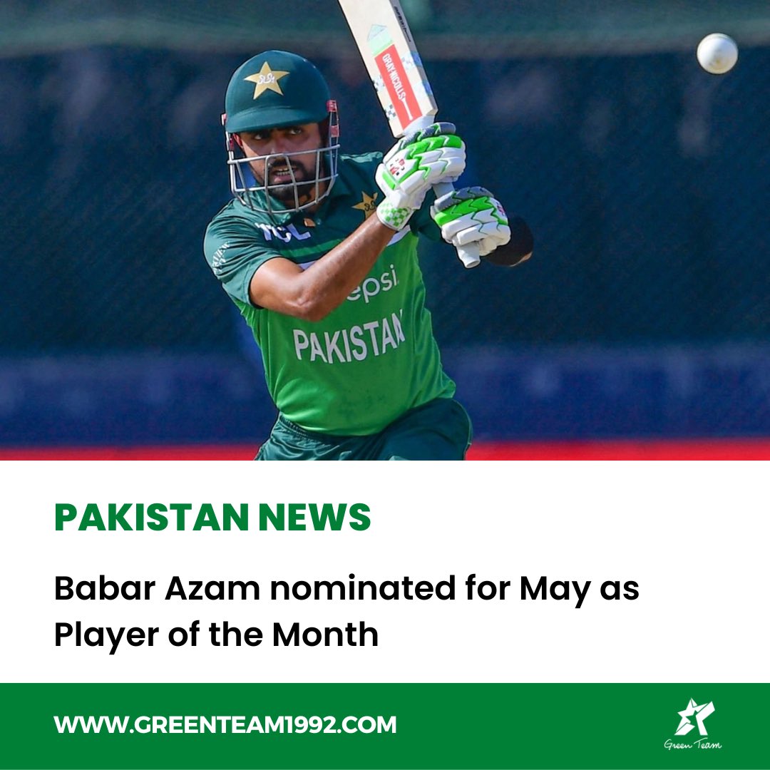 Babar Azam has been nominated for 'ICC Player of the Month' award for the month of May! 👑

The other candidates are Nazmul Hussain Shanto and Harry Tector.

Vote for Babar here 👉 bit.ly/MenPOTM-May2023

#Cricket | #Pakistan |  #GreenTeam | #OurGameOurPassion | #KhelKaJunoon