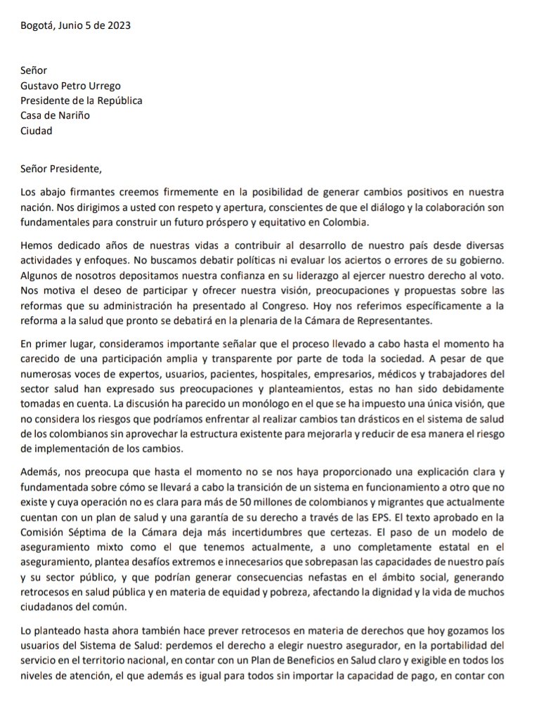 RobertoAnguloS's tweet photo. Invito a leer esta carta dirigida al presidente @petrogustavo, que firmamos con alrededor de 100 colegas, sobre un conjunto de críticas y preguntas sobre la reforma al sistema de salud. https://t.co/WyKLuVRX4z