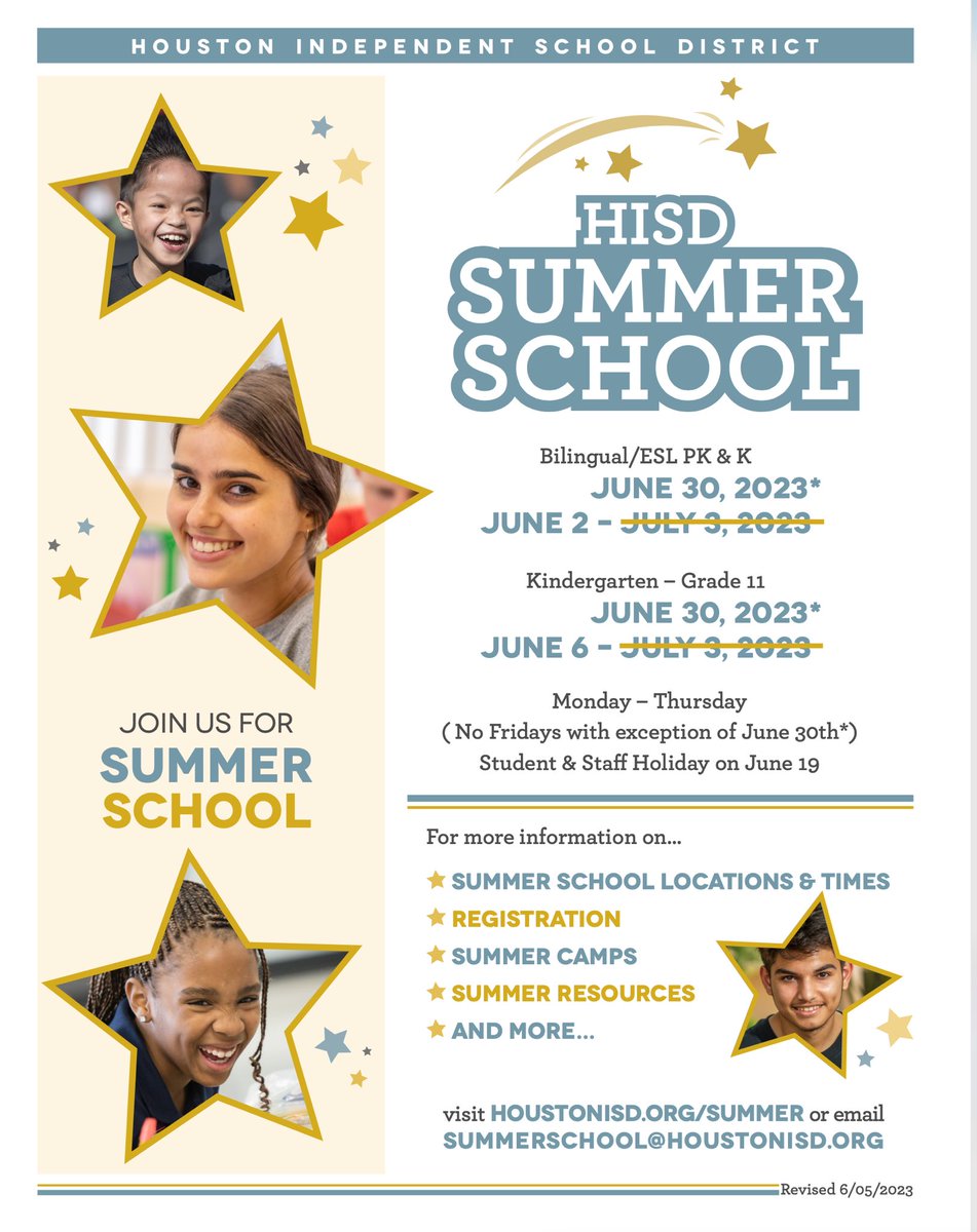 New dates for Summer School. Last day is now, June 30th. Learn more: 
Houstonian.Org/summer