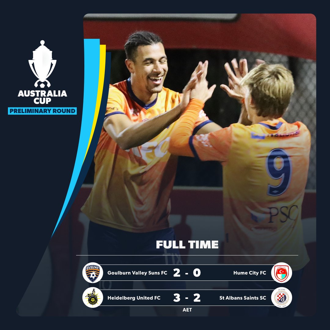 🚨 𝗖𝗨𝗣𝗦𝗘𝗧 alert in <a href="/footballvic/">Football Victoria</a>!

NPL3 side <a href="/GVSuns/">G.V. Suns F.C.</a> stun past semi-finalists <a href="/FCHumeCity/">Hume City FC</a> to march into the Round of 32 with a 2-0 win tonight!

#MagicOfTheCup