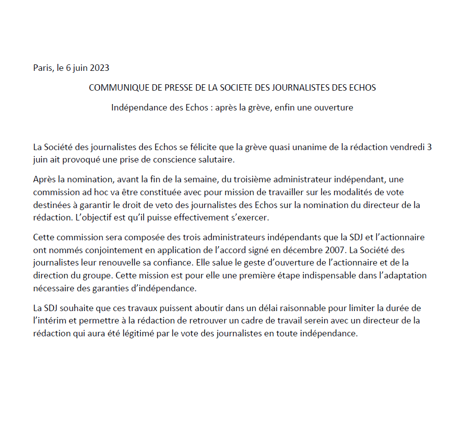 Communiqué de presse de la SDJ des Echos
"Indépendance des Echos: après la grève, enfin une ouverture"