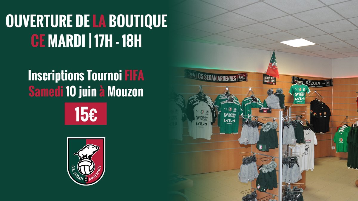 🔛 La boutique ouvrira exceptionnellement ce soir de 17h00 à 18h00 !

L'occasion pour vous d'acheter nos produits ou encore de vous inscrire au tournoi #FIFA de ce samedi à Mouzon avec un séjour à gagner. 🏖️

On vous attend nombreux ! 🏃🏃‍♀️🏃‍♂️💨