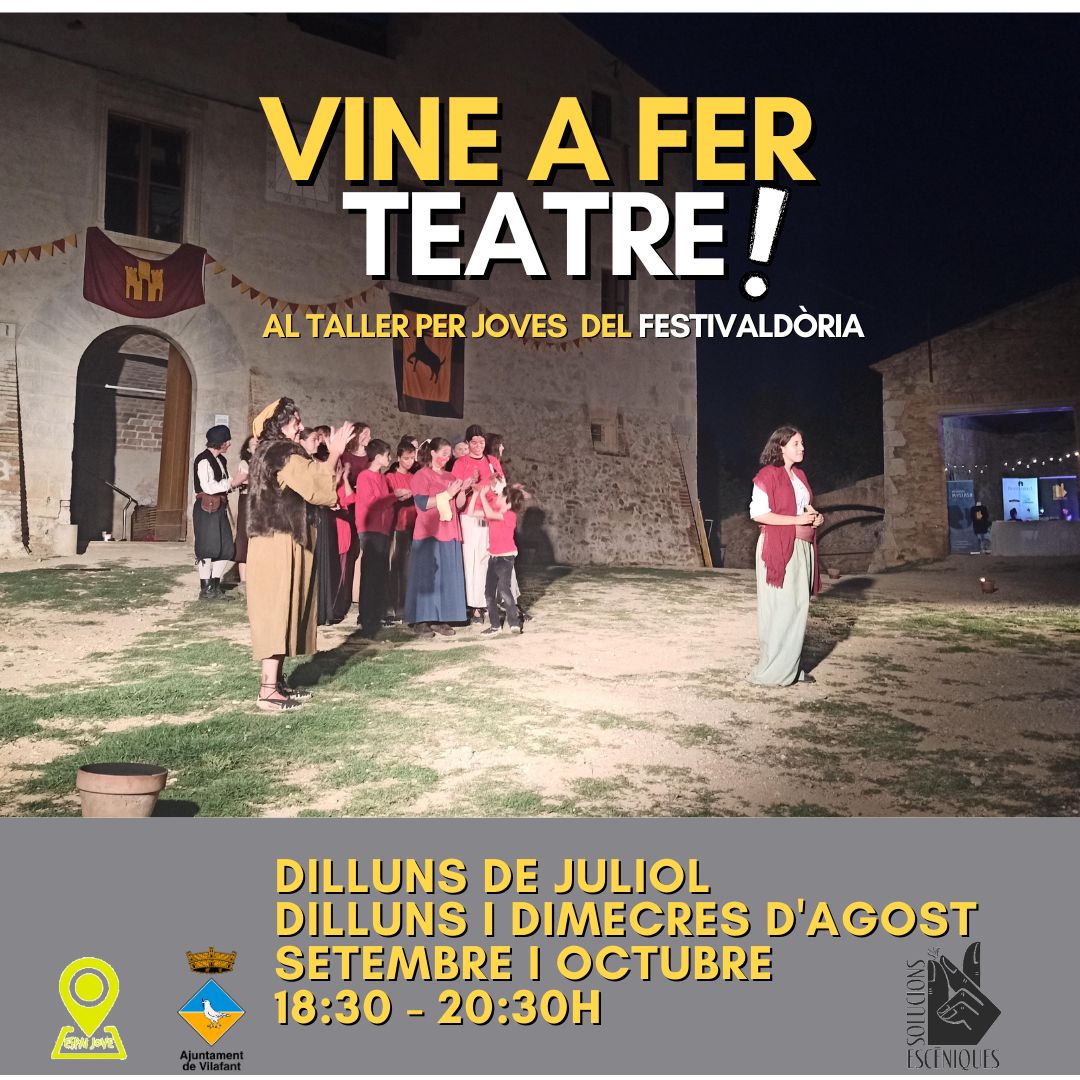 AjVilafant's tweet photo. Aprofita l'estiu, diverteix-te fent teatre a #Vilafant, apunta't el #Festivaldòria amb @solucionsE .
Una activitat que et permetrà crear una peça teatral que es representarà a #PalolSabaldòria.
➕ Informació i inscripcions aquí: https://t.co/IIspUdGcaC https://t.co/KbMpzvmmA4