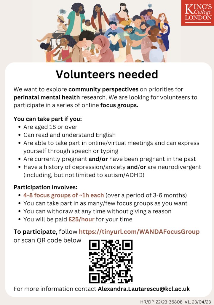 I am looking for a few volunteers to take part in a series of focus groups about perinatal mental health research, over the next few months. To find out more and complete a short eligibility survey, follow this link tinyurl.com/WANDAFocusGroup