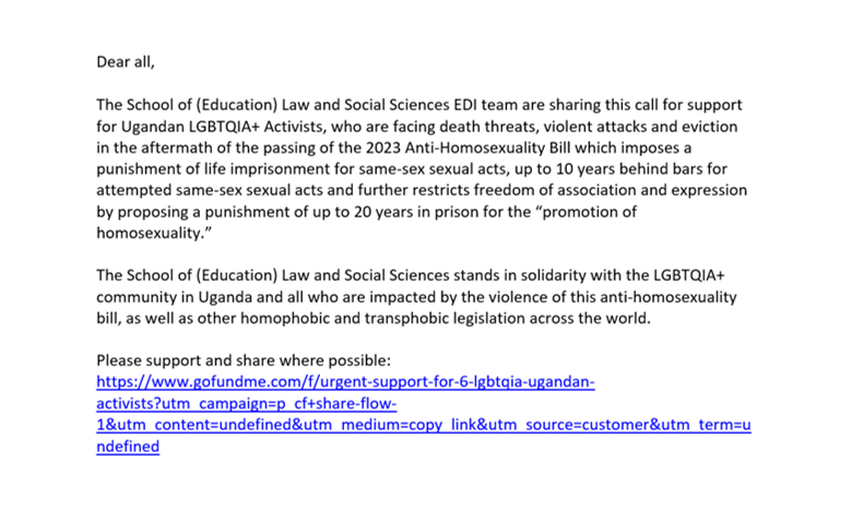A statement of solidarity with the LGBTQ+ community in Uganda. 

If you would like support with the impact of this, or related issues please see links to support:
lsbu.ac.uk/student-life/s…
southbanksu.com/opportunities/…
galop.org.uk