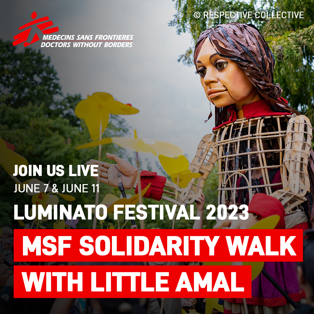 We'll see you tomorrow, #Toronto! Join us at @Torontounion (corner of Front & Bay) at 4 PM. Join @walkwithamal and @luminato and walk in solidarity #withrefugees The solidarity walk ends at Nathan Philips Square, where Little Amal will receive a checkup from an MSF doctor.