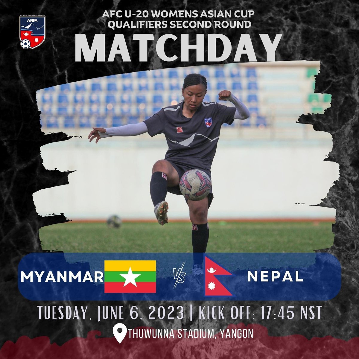 𝗔𝗙𝗖 𝗨-𝟮𝟬 𝗪𝗢𝗠𝗘𝗡𝗦 𝗔𝗦𝗜𝗔𝗡 𝗖𝗨𝗣 𝗤𝗨𝗔𝗟𝗜𝗙𝗜𝗘𝗥𝗦

          𝐌𝐀𝐓𝐂𝐇 - 𝐃𝐀𝐘 | 𝐒𝐞𝐜𝐨𝐧𝐝 𝐑𝐨𝐮𝐧𝐝

            🇲🇲 MYANMAR vs NEPAL 🇳🇵

⏰ 17:45 NST (5:45 PM)
🏟️ Thuwunna Stadium, YANGON
#NepalFootball #WomensFootball #AFCU20 #Womens #AsianCup #Qualifiers
