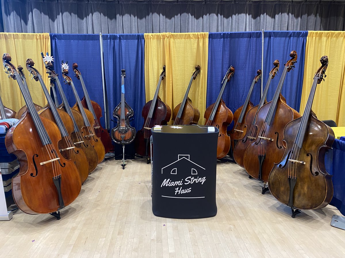 MiamiString's tweet photo. We are ready to show you our basses at #ISB2023 at the University of Michigan in Ann Arbor. You saw our #28bassesin28days series, and we have 40 basses on display here. Please stop by our booths #23, #24, #25, through Saturday! #doublebass https://t.co/sc1xizSWdv