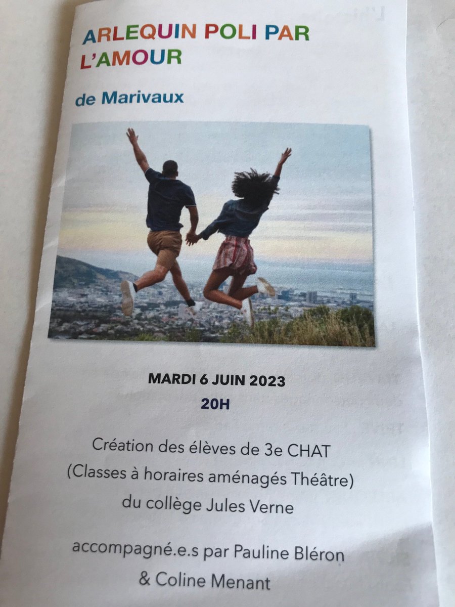 CollegeJV's tweet photo. Ce soir, représentation des élèves de 3e #CHAT à 20 heures au @CollegeJV. Au programme : "Arlequin poli par l'amour" de Marivaux. @DSDEN86 @acpoitiers https://t.co/j1r4eCQrwV