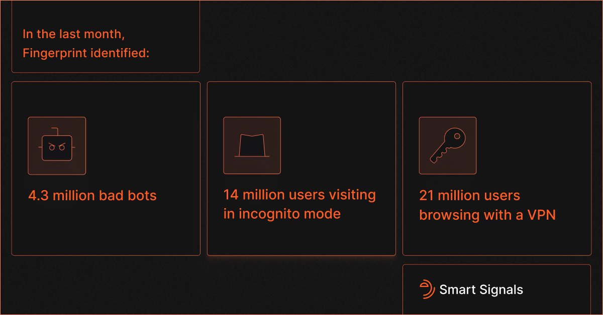 FingerprintJS's tweet image. The next era of Fingerprint is here. Get to know our device intelligence platform with #SmartSignals and start identifying every user. Every time.

bit.ly/3Nf0hhx