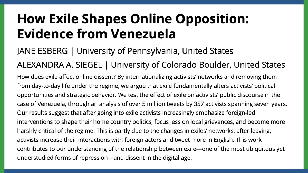 American Political Science Review (@apsrjournal) on Twitter photo <a href="/JaneEsberg/">Jane Esberg</a> & <a href="/aasiegel/">Alexandra Siegel</a> use text analysis & a two-way fixed effects design to analyze how activist rhetoric changes post-exile. They find an increase in exiled activists' support for foreign intervention & anti-regime criticisms.
#APSRFirstView
ow.ly/g2hQ50OCfSl <a href="/JaneEsberg/">Jane Esberg</a> & <a href="/aasiegel/">Alexandra Siegel</a> use text analysis & a two-way fixed effects design to analyze how activist rhetoric changes post-exile. They find an increase in exiled activists' support for foreign intervention & anti-regime criticisms.
#APSRFirstView
ow.ly/g2hQ50OCfSl
