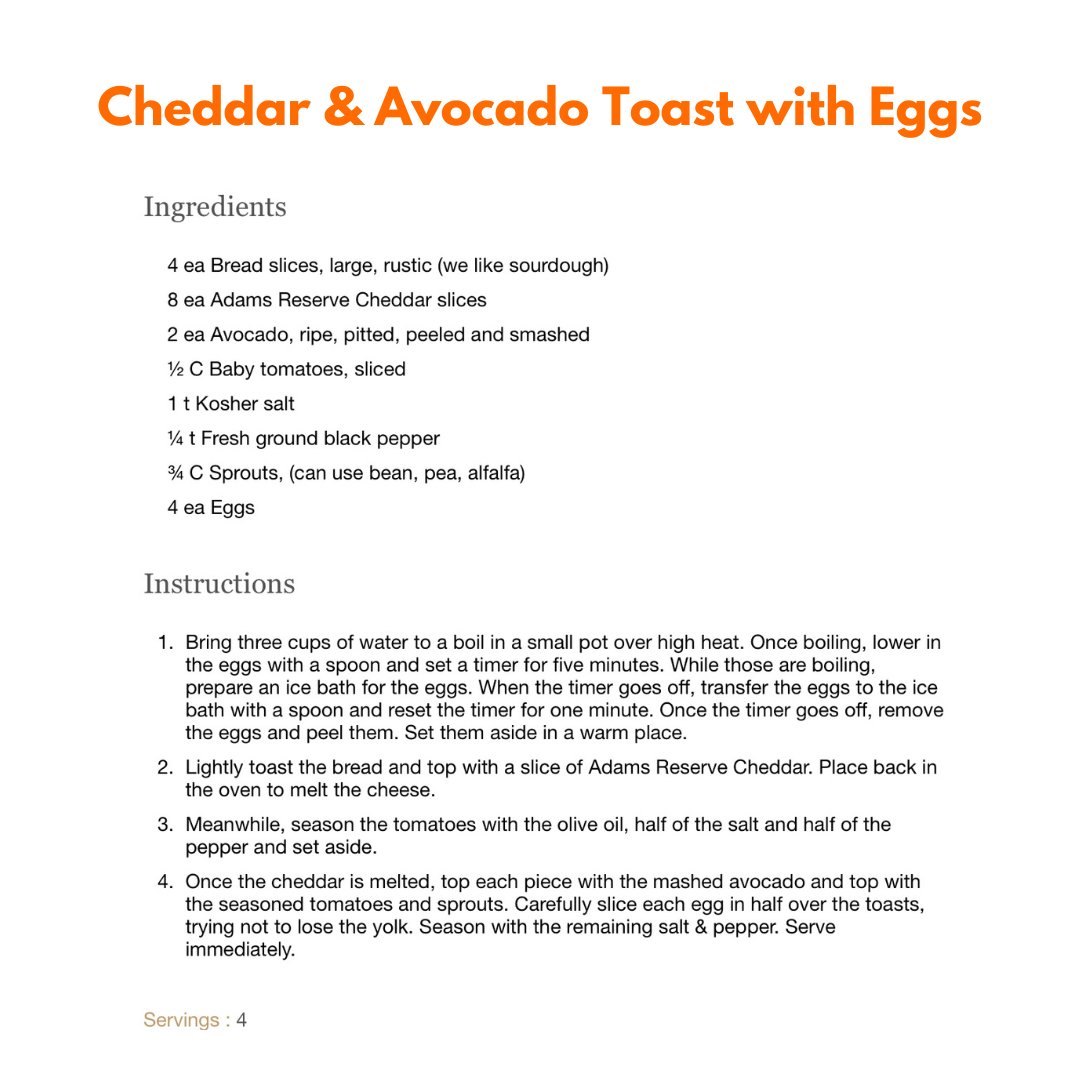 AdamsReserve's tweet photo. You can't have #brunch without Adams Reserve Cheddar. From strata to avocado toast &amp; even as a topper on your favorite bloody mary - we know brunch. Check out our collection - save your favorites!  
#adamsreservecheddar #adamsreserve #eats  #cheese  #cooking #recipes  #meals https://t.co/SFeBWMpDAz