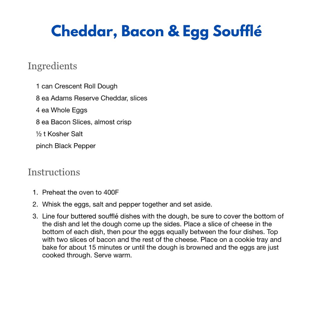 AdamsReserve's tweet photo. You can't have #brunch without Adams Reserve Cheddar. From strata to avocado toast &amp; even as a topper on your favorite bloody mary - we know brunch. Check out our collection - save your favorites!  
#adamsreservecheddar #adamsreserve #eats  #cheese  #cooking #recipes  #meals https://t.co/SFeBWMpDAz