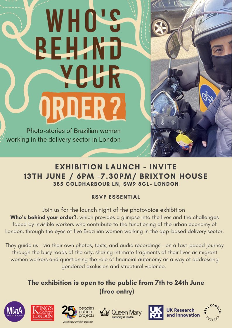 King's Geography (@kclgeography) on Twitter photo Who's behind your order?
Through photos and audio, Brazilian migrant women in London share their POV on the ups and downs of working in the city.
Visit the exhibition at Brixton House from 7-24 June.
🎉Launch on 13 June
Part of a project led by our academic <a href="/McIlwaineC/">Cathy McIlwaine (@cathymcilwaine.bsky.social)</a> Who's behind your order?
Through photos and audio, Brazilian migrant women in London share their POV on the ups and downs of working in the city.
Visit the exhibition at Brixton House from 7-24 June.
🎉Launch on 13 June
Part of a project led by our academic <a href="/McIlwaineC/">Cathy McIlwaine (@cathymcilwaine.bsky.social)</a>