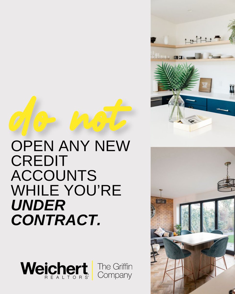 When you're under contract for a new home, it's important to keep your credit stable.  🚫💳

WEICHERT REALTORS - THE GRIFFIN COMPANY
📱479-268-5500
🌐Link in bio @weichertgriffin

#Weichertrealtors #thegriffincompany #relocation #relocationspecialist #springdalear