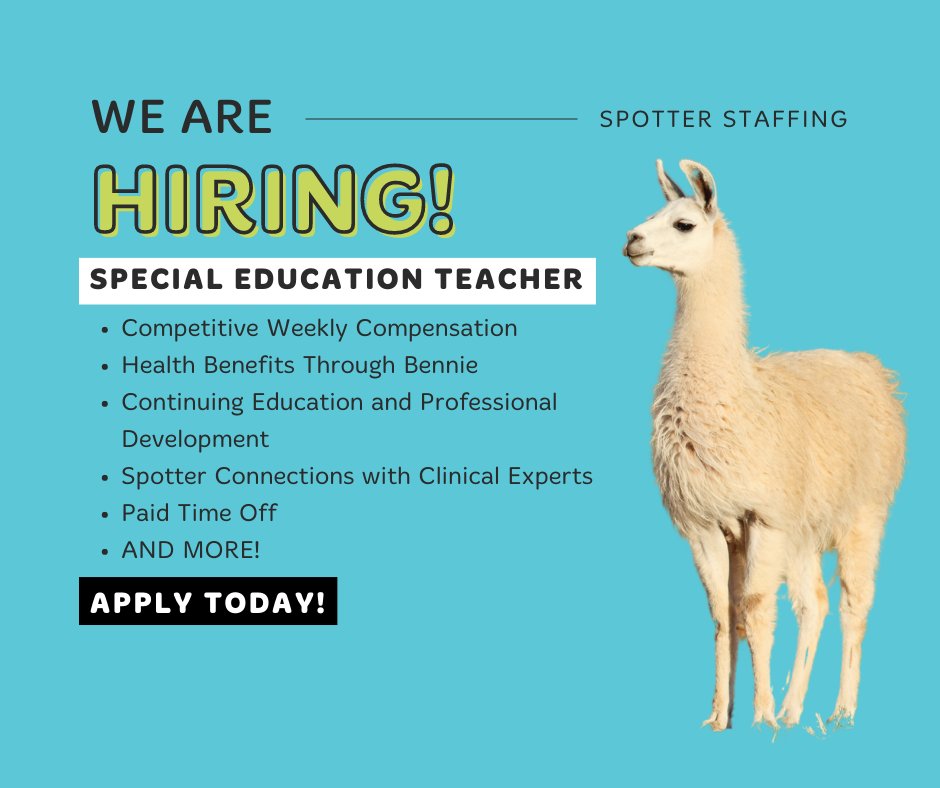 We're hiring for a #SpecialEducationTeacher in Carrollton, TX!
Hours ⏲️ - 7:15 am - 3:15 pm
Pay 💰 - $40/hour and up, depending on experience
Click to apply: spotterstaffing.com/therapists/
#JoinTheHerd 🦙 #specialeducationjobs #teachingjobs
