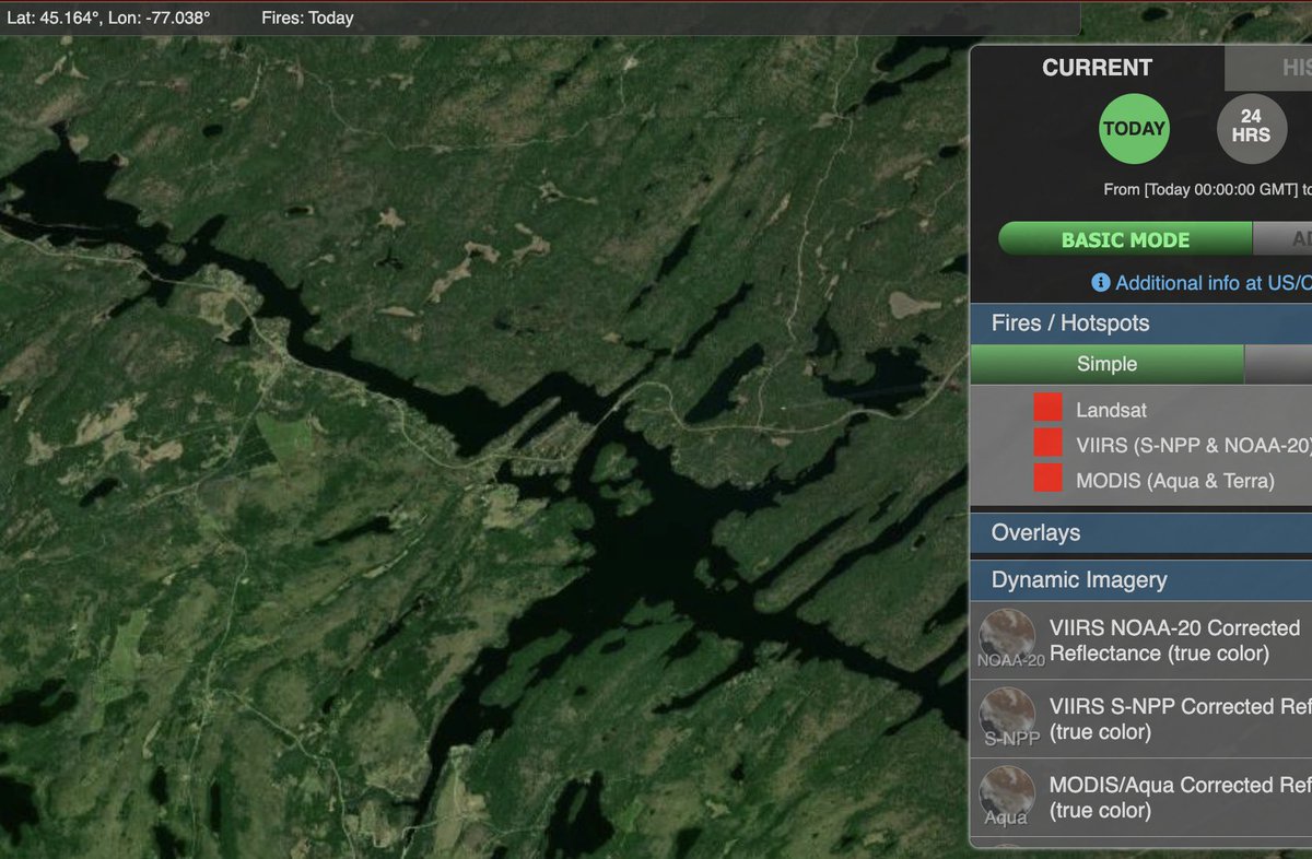 NASA Fire Information for Resource Management System (FIRMS) satellite 24 hours (red=fire) and satellite Today (no red). #centenniallake