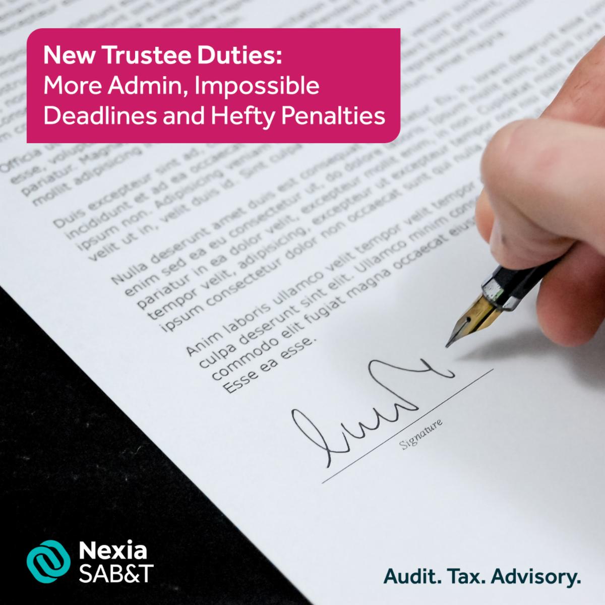 The new duties most recently imposed on trustees not only involve substantially more administration than ever before, but also entail impossible deadlines and hefty penalties. 
Read full article here: conta.cc/3WNZlnv