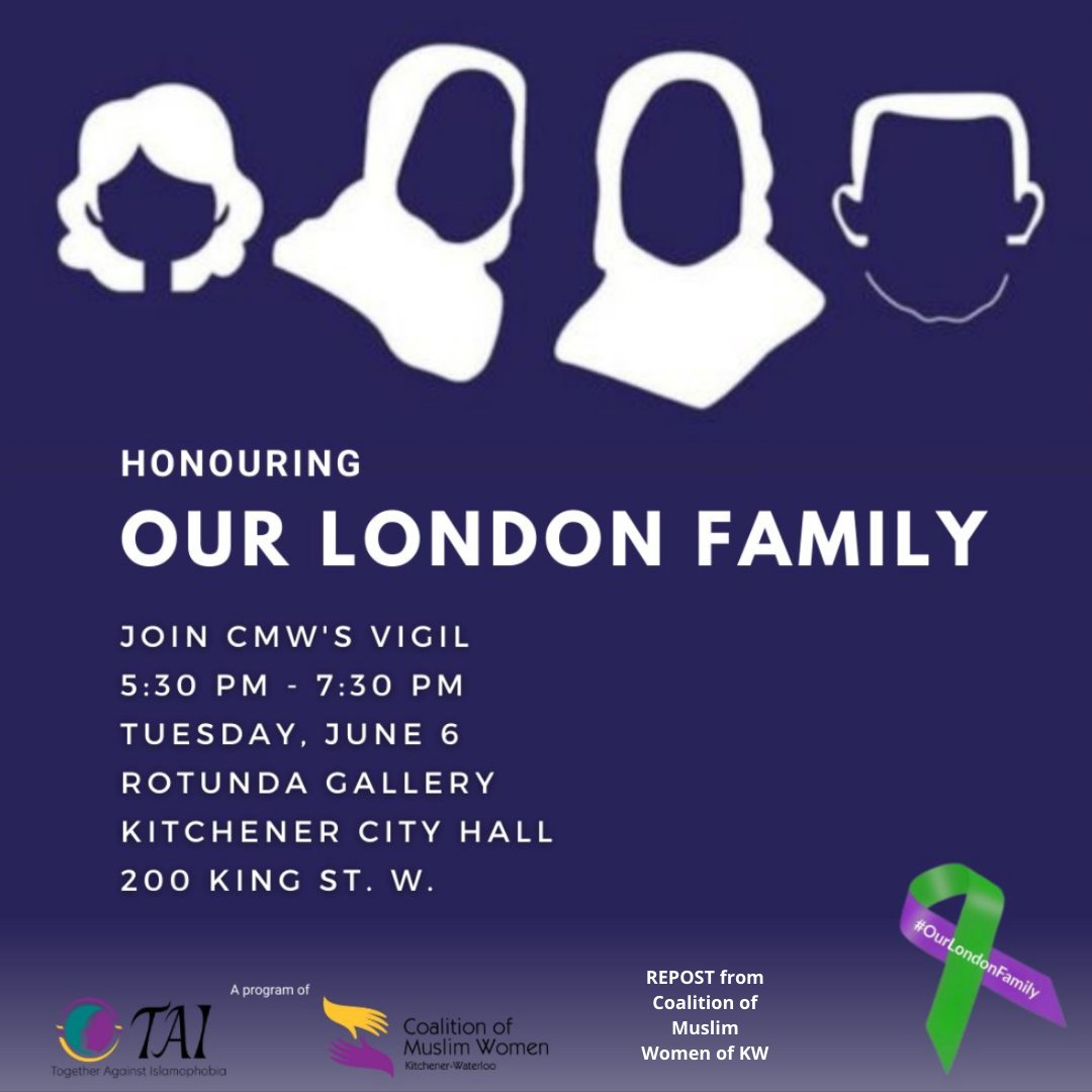 Today we renew our commitment to fighting #islamaphobia here in Waterloo Region & in unity across the country. We do this in memory of another year since the day when three generations of the Afzaal family were killed. Join the vigil.  #OurLondonFamily.  #EndingHate #InSolidarity