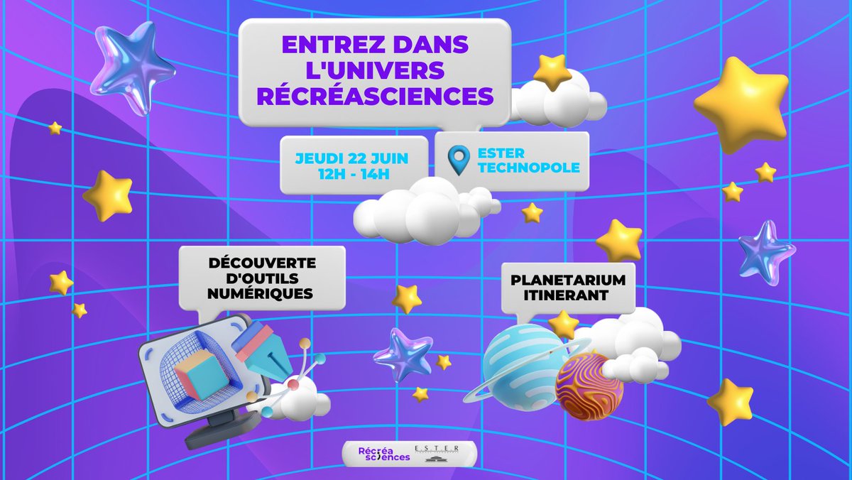 EsterTechnopole's tweet photo. [SAVE THE DATE ] 📣 Le ciel étoilé s'invite sous la Coupole 🌠

Le 22 juin, de 12h à 14h :
- Explorez l’univers et ses secrets dans un #Planétarium 
- Découvrez les technologies numériques d’aujourd’hui &amp; de demain !

👉 Evénement gratuit réservé aux résidents d'#ESTERTechnopole. https://t.co/6jhgZAiuTl