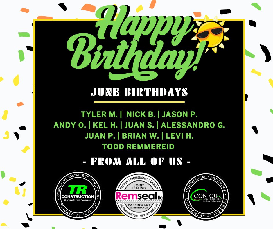 Join us in celebrating our amazing team members born in June! 🎉🎂 Wishing a very happy birthday to all our June superstars. Your hard work, dedication, and positive energy make our company shine. <a href="/ContourConstruc/">Contour Construction</a> <a href="/TRConcreteCo/">TR Construction</a> #Omaha