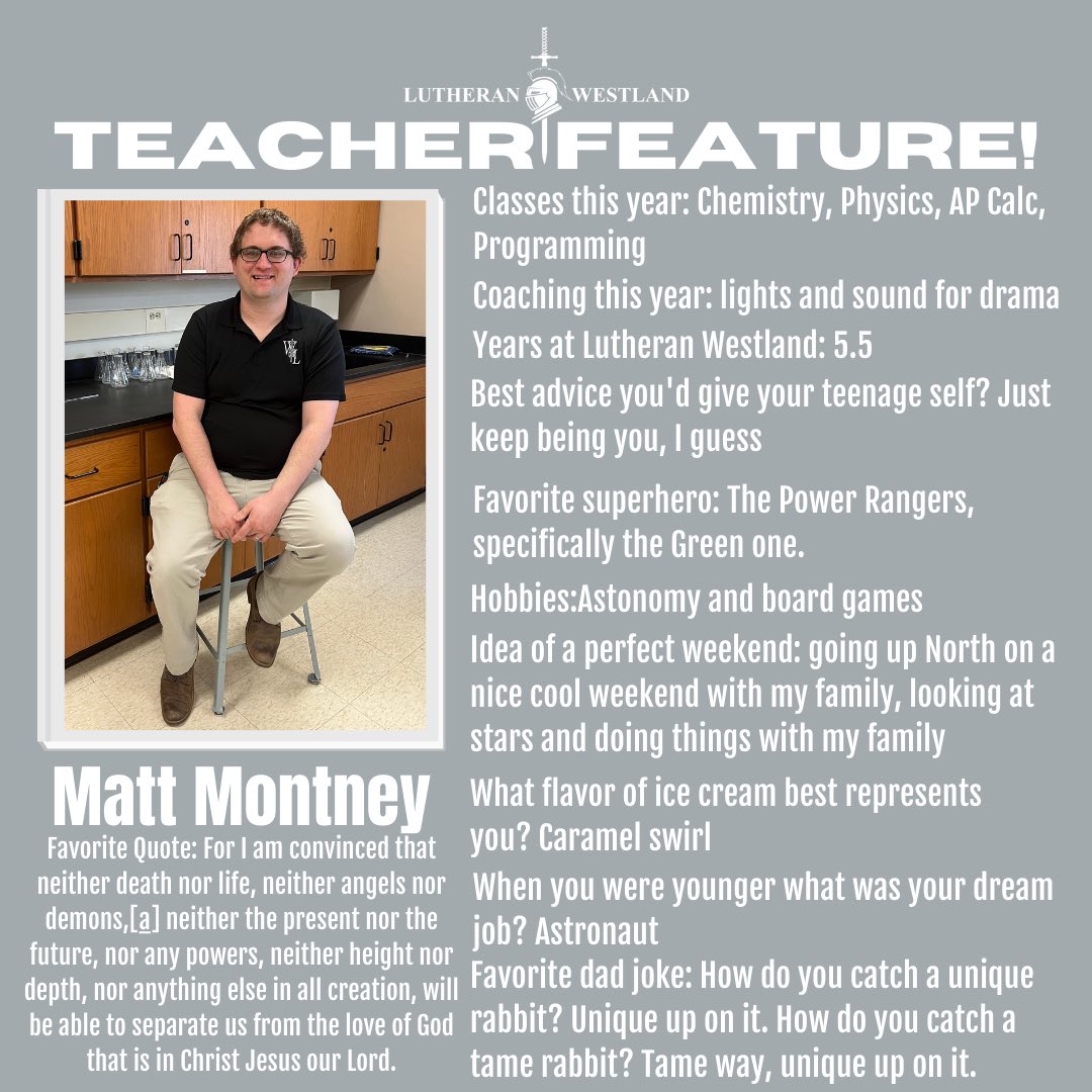 🔬🧫 We’ll wind down the school year with the rest of the Teacher Features. Today you get to know a little more about Mr. Montney! 

#GoWarriors⚔️