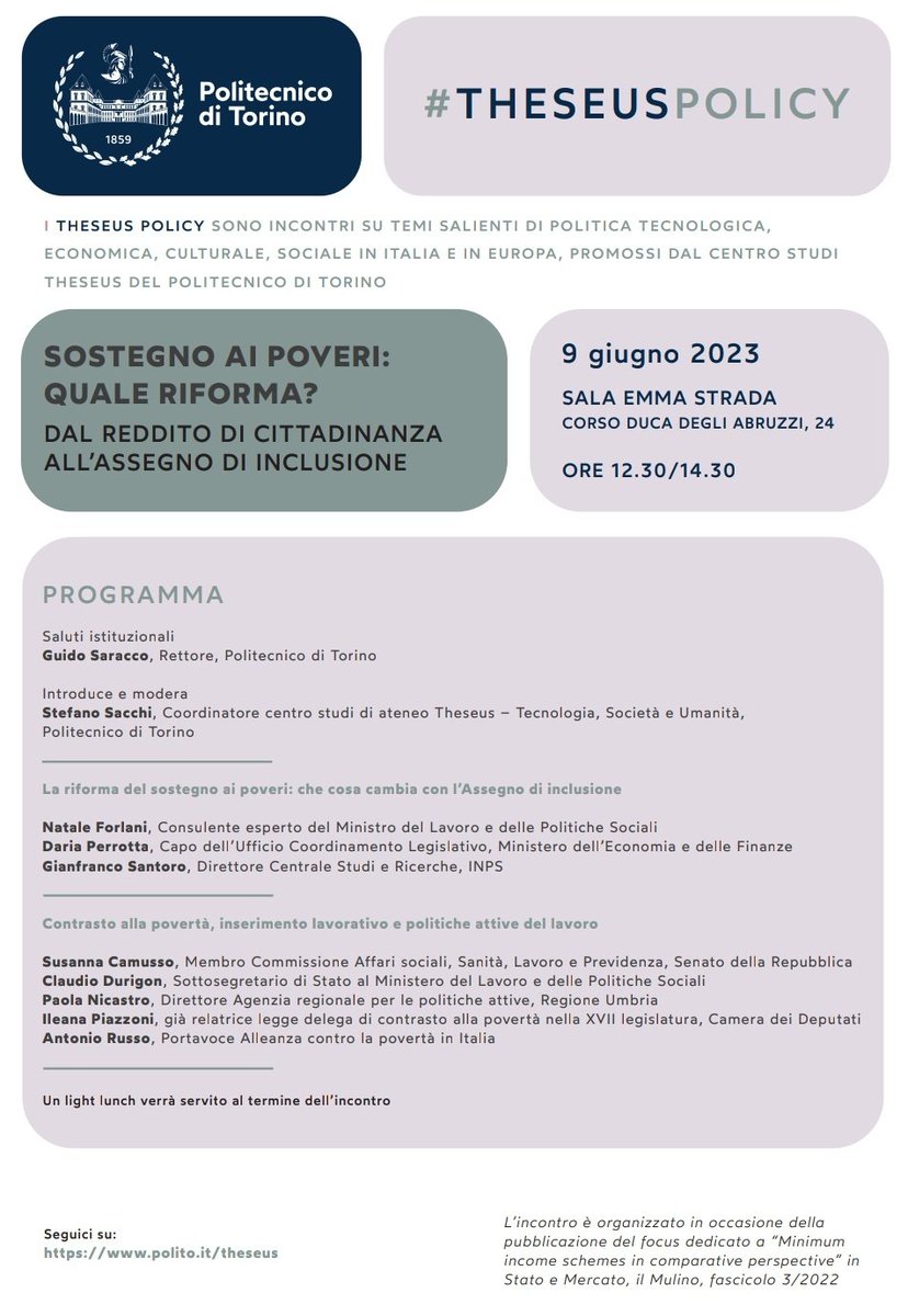 Stato&Mercato (@statoemercato) on Twitter photo Sostegno ai poveri. Quale riforma?
Gli articoli del numero 3/22 saranno il punto di partenza per un seminario al Politecnico di Torino questo venerdì alle 12.30. Speriamo di vedervi numerosi! <a href="/Secondowelfare/">Secondo Welfare</a> <a href="/PoliTOnews/">Politecnico di Torino</a> <a href="/StefanoSacchi71/">Stefano Sacchi</a> @FrancaMaino <a href="/RosLodigiani/">Rosangela Lodigiani</a> Sostegno ai poveri. Quale riforma?
Gli articoli del numero 3/22 saranno il punto di partenza per un seminario al Politecnico di Torino questo venerdì alle 12.30. Speriamo di vedervi numerosi! <a href="/Secondowelfare/">Secondo Welfare</a> <a href="/PoliTOnews/">Politecnico di Torino</a> <a href="/StefanoSacchi71/">Stefano Sacchi</a> @FrancaMaino <a href="/RosLodigiani/">Rosangela Lodigiani</a>