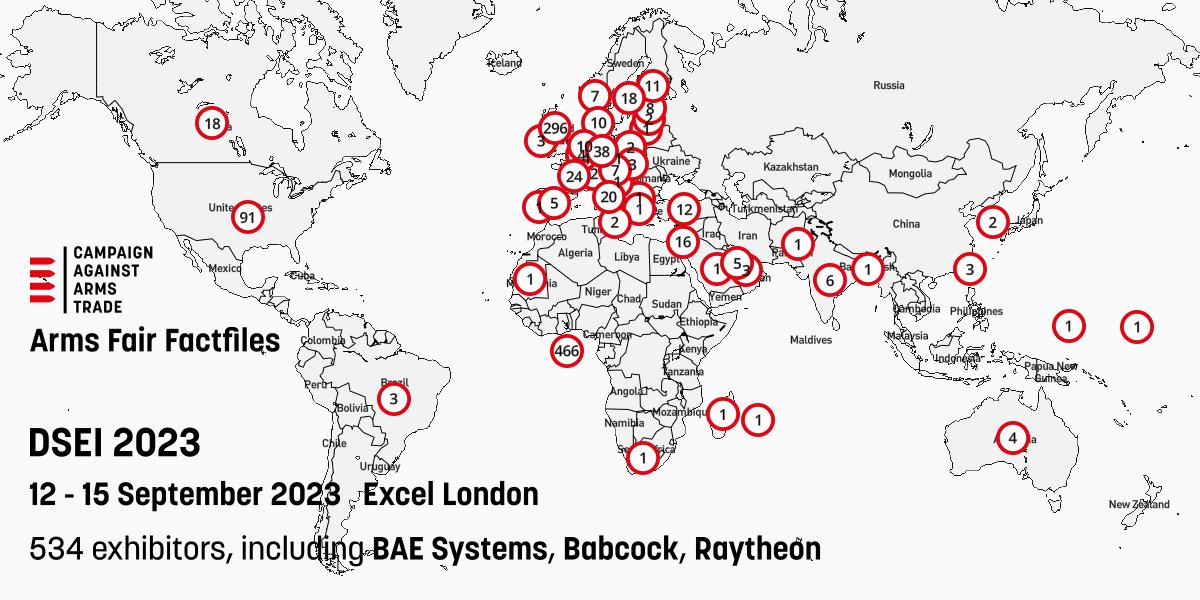 CaatData's tweet image. DSEI 2023 exhibitors have been added to CAAT's arms fair tracker. Visit stopthearmsfair.org.uk to get involved in resisting London's arms fair. caat.org.uk/data/arms-fair…