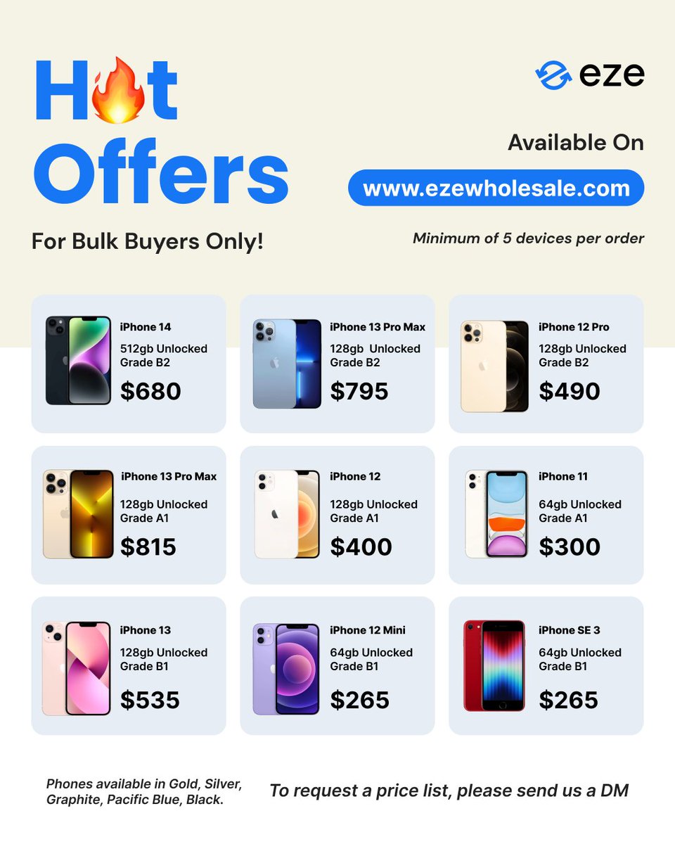 ezewholesale's tweet image. Get your hands on the latest iPhone models in various grades and cater to the demands of your customers effortlessly!

You can order on our website - ezewholesale.com or send a DM

#Electronics #WholesaleTech #BulkOrders #iPhoneSupplier #UsediPhones