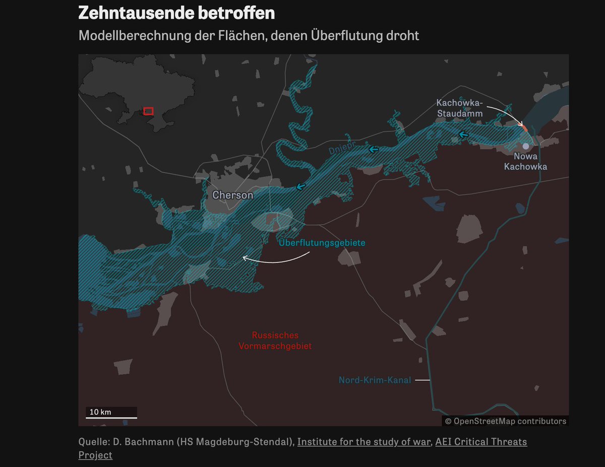 Christian Endt (@c_endt) on Twitter photo Von der Flutwelle, die der Bruch des Kachowka-Damms ausgelöst hat, sind die Wohnungen von bis zu 60.000 Menschen betroffen. Bei ca. 19.000 könnte das Wasser so hoch steigen, dass sie in Lebensgefahr schweben.
Das zeigt eine Modellierung von <a href="/Bachmann_h2/">Daniel Bachmann</a>, die <a href="/zeitonline/">ZEIT ONLINE</a> vorliegt. Von der Flutwelle, die der Bruch des Kachowka-Damms ausgelöst hat, sind die Wohnungen von bis zu 60.000 Menschen betroffen. Bei ca. 19.000 könnte das Wasser so hoch steigen, dass sie in Lebensgefahr schweben.
Das zeigt eine Modellierung von <a href="/Bachmann_h2/">Daniel Bachmann</a>, die <a href="/zeitonline/">ZEIT ONLINE</a> vorliegt.