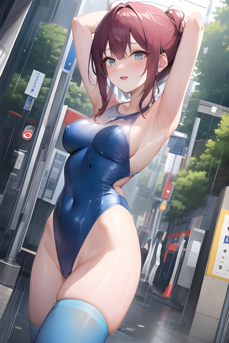 LeoSwimmers's tweet photo. Girl wearing high cut sporty swimsuit and blue knee-high socks posing in Tokyo city amidst the pouring rain. 

#AI #aigirls #aiartist #blueswimsuit #sportswimsuit #onepieceswimsuit #wetswimsuit #cutegirl #animegirl #animeart #raining #highcutswimsuit https://t.co/eg2INB6kcI
