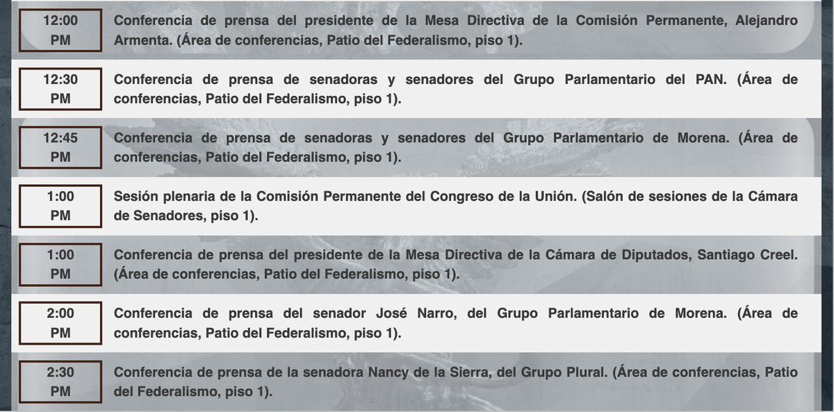 📌 #HoyEnElSenado se desarrollará la siguiente agenda de actividades:
