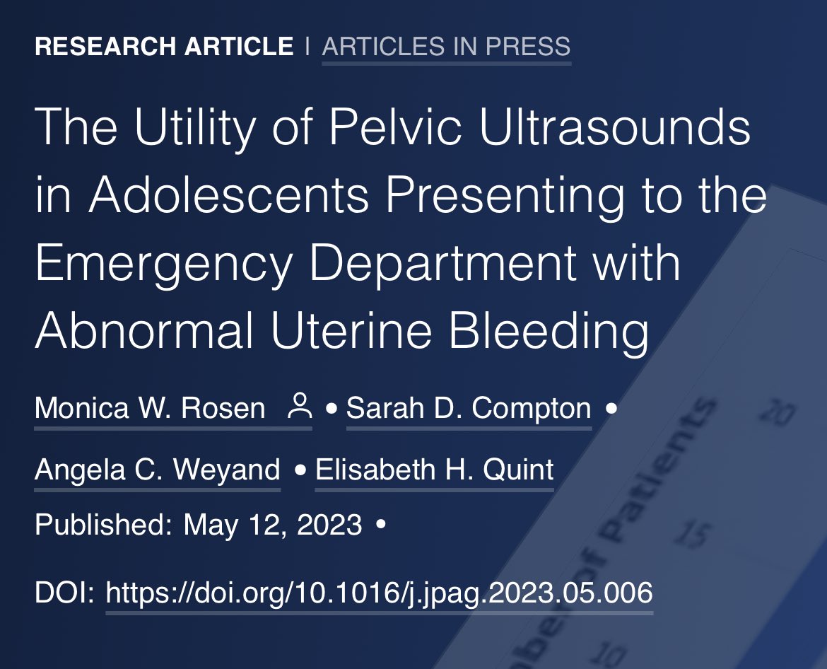 Monica Woll Rosen, MD (@wollrosenmd) on Twitter photo Should we order pelvic ultrasounds on every teen who comes to the ED with abnormal bleeding? Should we choose treatment based on endometrial stripe thickness? Read this new study to find out! <a href="/NASPAG/">NASPAG</a> <a href="/UMichOBGYN_Res/">UMichOBGYN Residency</a> <a href="/umichmedicine/">Michigan Medicine</a> <a href="/acweyand/">Shematologist, MD</a> #JPAG Should we order pelvic ultrasounds on every teen who comes to the ED with abnormal bleeding? Should we choose treatment based on endometrial stripe thickness? Read this new study to find out! <a href="/NASPAG/">NASPAG</a> <a href="/UMichOBGYN_Res/">UMichOBGYN Residency</a> <a href="/umichmedicine/">Michigan Medicine</a> <a href="/acweyand/">Shematologist, MD</a> #JPAG