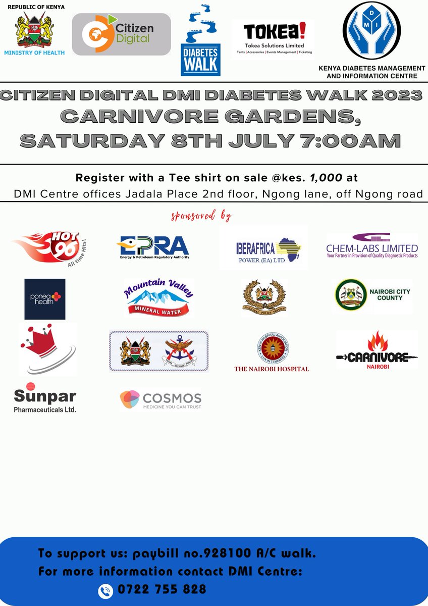 DMICentreKenya's tweet photo. Tell a friend to tell a friend. Step out for children with diabetes. Thank you @EPRA @CitizenDigitalK @Chem-labs limited @Hot_96Kenya @Iberafrica @PoneaHealth  Cosmos Limited @NairobiCityGov @thenairobihosp  @CarnivoreKe @NPSOfficial_KE Promo kings &amp; Sunpar for your support. https://t.co/IcmjzpgBx5