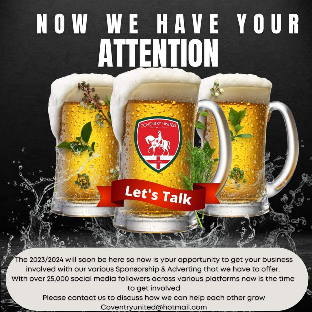 Now we have you attention!!

Contact Coventry United Football Club today to discuss sponsorship opportunities to help your company grow and to help become part of the Coventry Community

Coventryunitedfootballclub.co.uk 

#WeAreUnited #CovAndProud #community #football

#localbusiness
🔴🟢